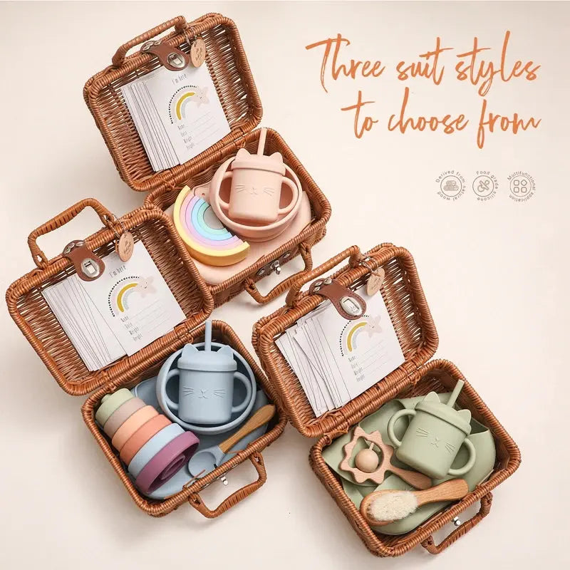 Baby Soild Food Feeding Tableware Box Set Baby Silicone Rainbow Stacking Toy Kids Birth Vintage Dishes Gifts Box Nova Trendz