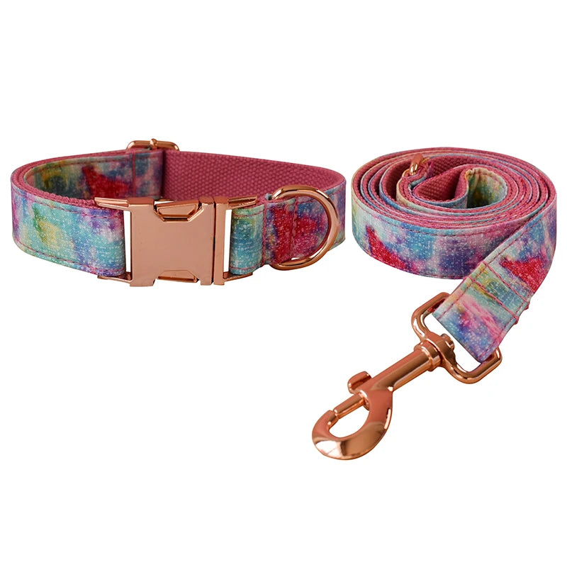 Pet Dog Cat Rainbow printing Collar Leash Set With Bling Bow Pet Puppy Neck Strap For French Bulldog Dogs Powdery bottom 01
