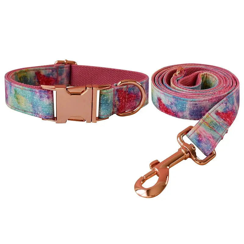 Pet Dog Cat Rainbow printing Collar Leash Set With Bling Bow Pet Puppy Neck Strap For French Bulldog Dogs Powdery bottom 01 - Nova Trendz