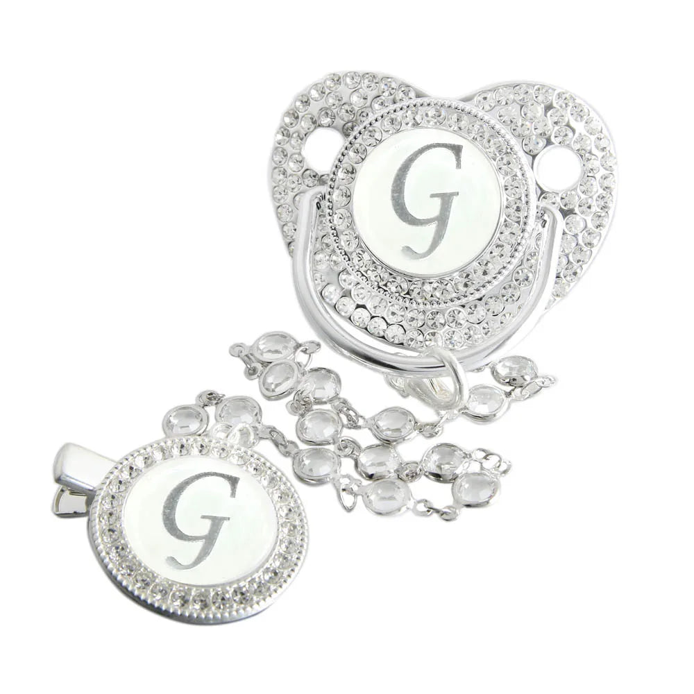 Initial Letter Siliver Baby Pacifier With Colorful Gem BPA Free Luxury Silver Dummy Soother Chupeta Weaning Pacifier