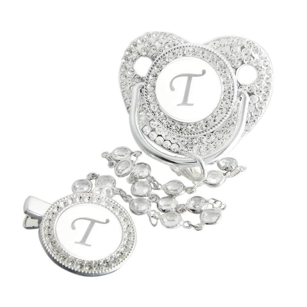 Initial Letter Siliver Baby Pacifier With Colorful Gem BPA Free Luxury Silver Dummy Soother Chupeta Weaning Pacifier