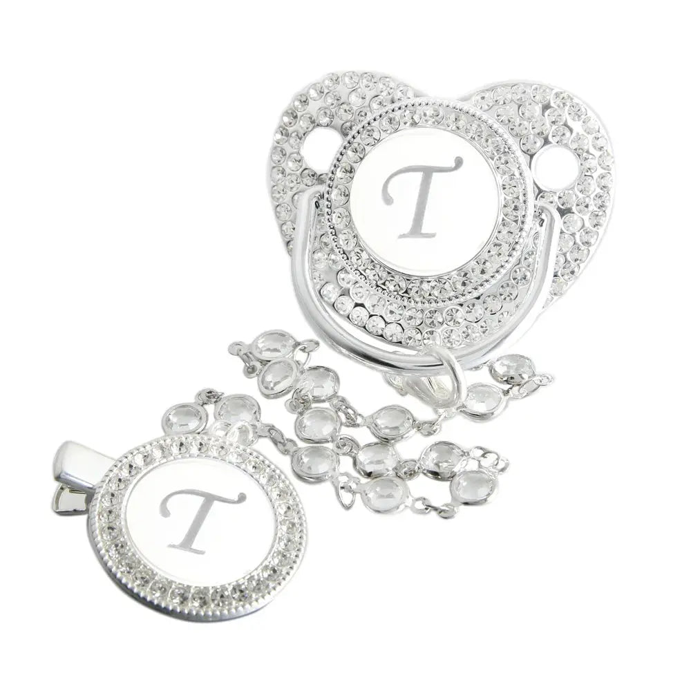 Initial Letter Siliver Baby Pacifier With Colorful Gem BPA Free Luxury Silver Dummy Soother Chupeta Weaning Pacifier Nova Trendz