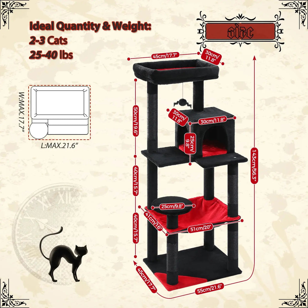 Gothic Cat Tree for Indoor Cats, Tall Cat Tower with Super Large Hammock, Sisal Covered Scratching Post Cozy Condo Top Perch - Nova Trendz