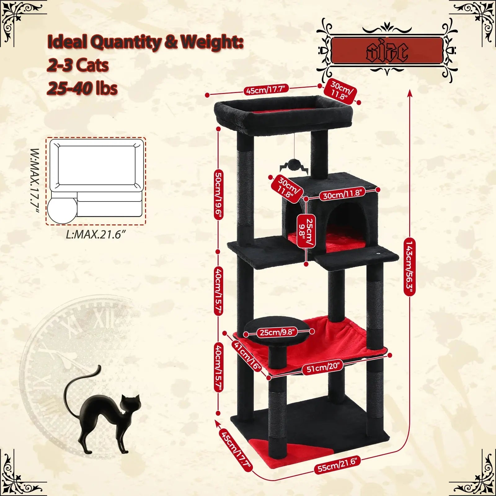 Gothic Cat Tree for Indoor Cats, Tall Cat Tower with Super Large Hammock, Sisal Covered Scratching Post Cozy Condo Top Perch - Nova Trendz