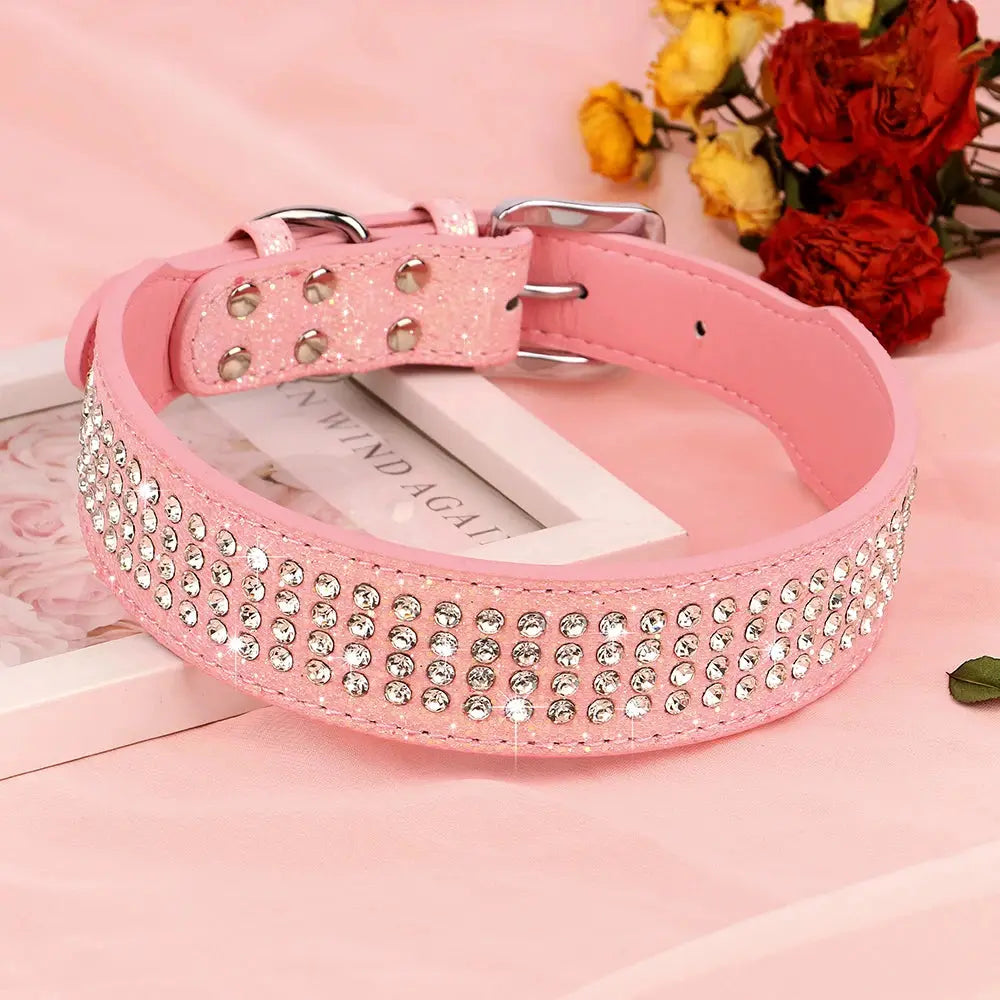 Bling Rhinestone Dog Collar Wide Leather Dogs Collars Glitter Diamond Pet Necklace Durable For Medium Large Dogs French Bulldog Nova Trendz