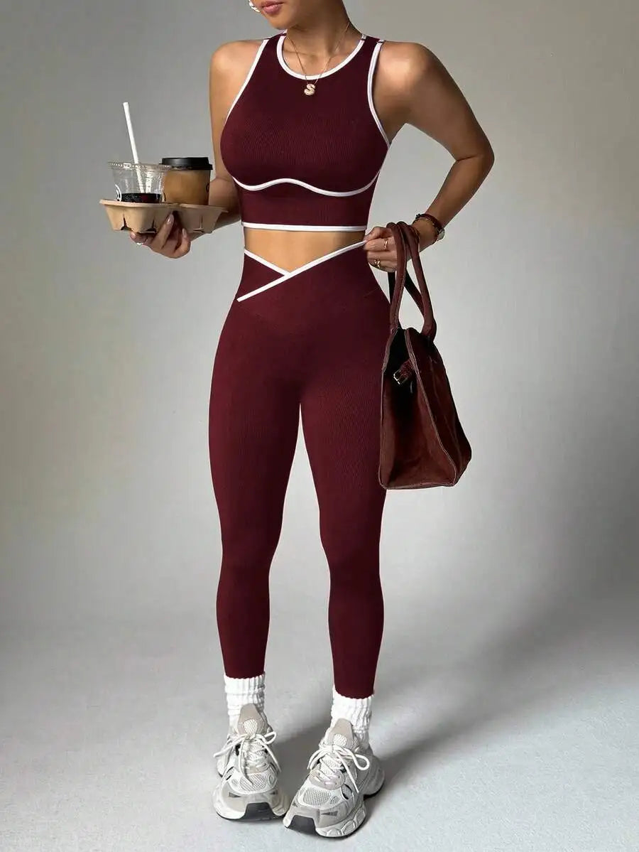 Contrast Trim Hollow Back Camisole And Leggings 2 Piece Sports Suit Breathable Slim Fitness Yoga Workout Tracksuit For Women Nova Trendz