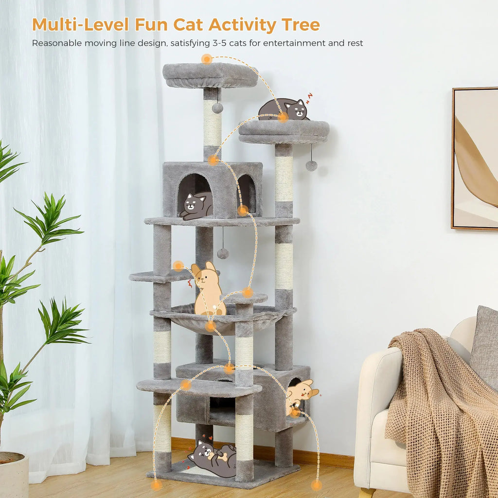 184cm Large Cat Tree and Tower for Indoor Cats With Sisal-Covered Scratching Posts Spacious Hammock Padded Perches and Condos Nova Trendz