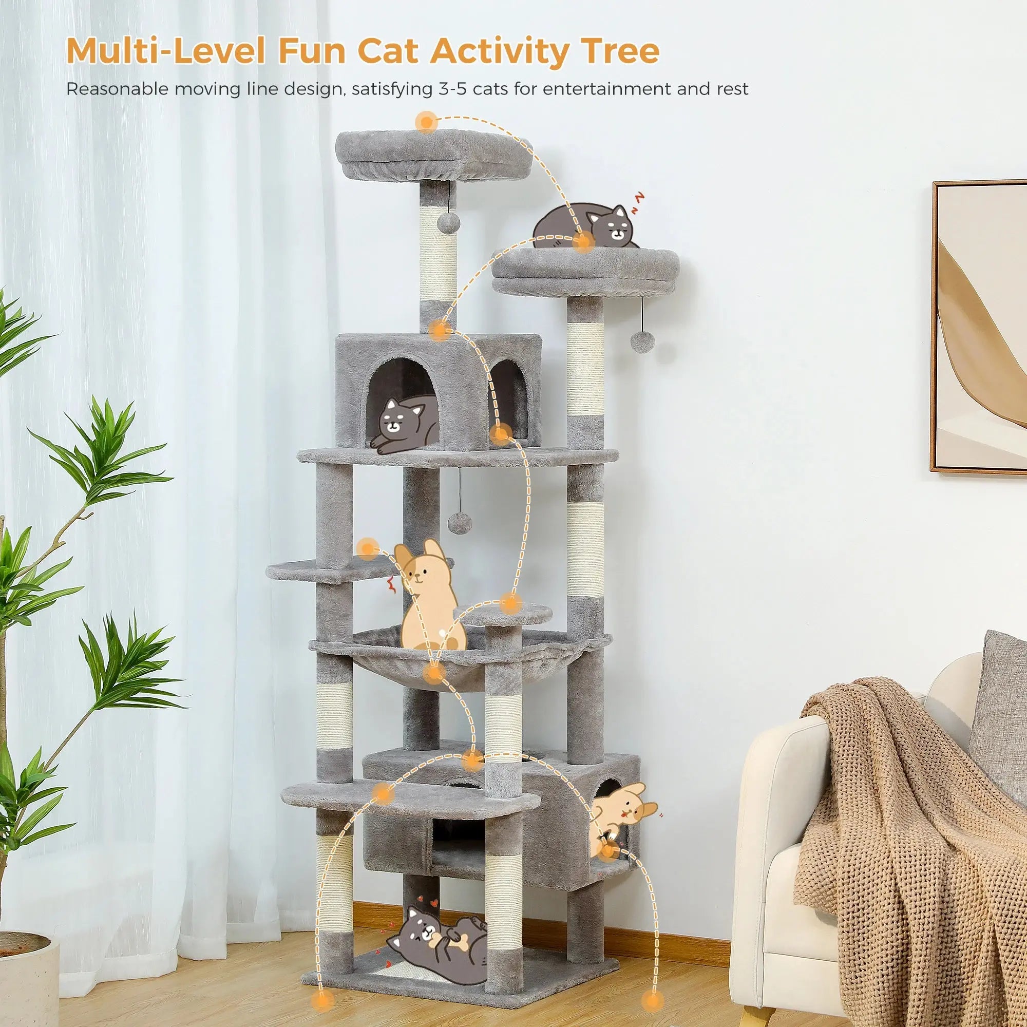 184cm Large Cat Tree and Tower for Indoor Cats With Sisal-Covered Scratching Posts Spacious Hammock Padded Perches and Condos Nova Trendz