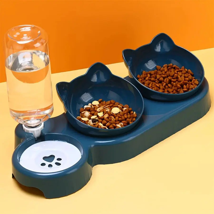 Pet Bowls With Water Feeder, 3 In 1 Ear Design Tilted Cat Water And Food Bowl Set With Gravity Water Bottle For Neck Protection - Nova Trendz