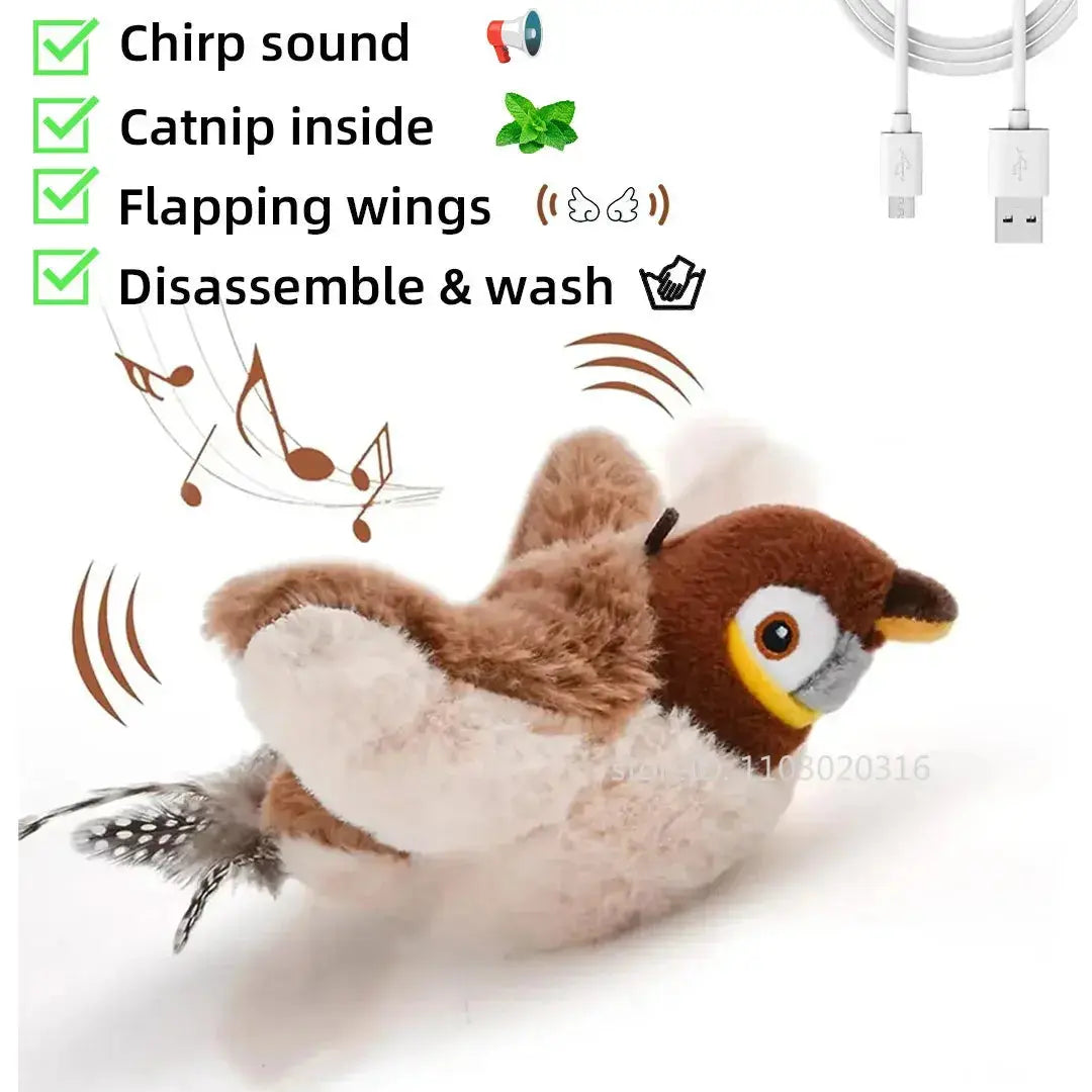 Interactive Cat Toys Rechargeable Electric Flapping Wings Bird Cat Toy Sound Chirping Bird Catnip Touch Activated Plush Toy Nova Trendz