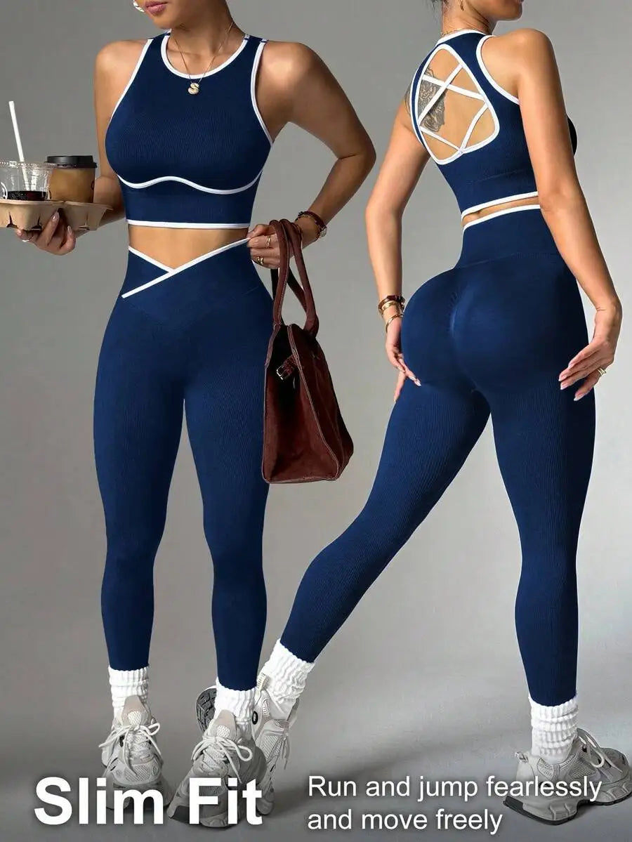 Contrast Trim Hollow Back Camisole And Leggings 2 Piece Sports Suit Breathable Slim Fitness Yoga Workout Tracksuit For Women Nova Trendz