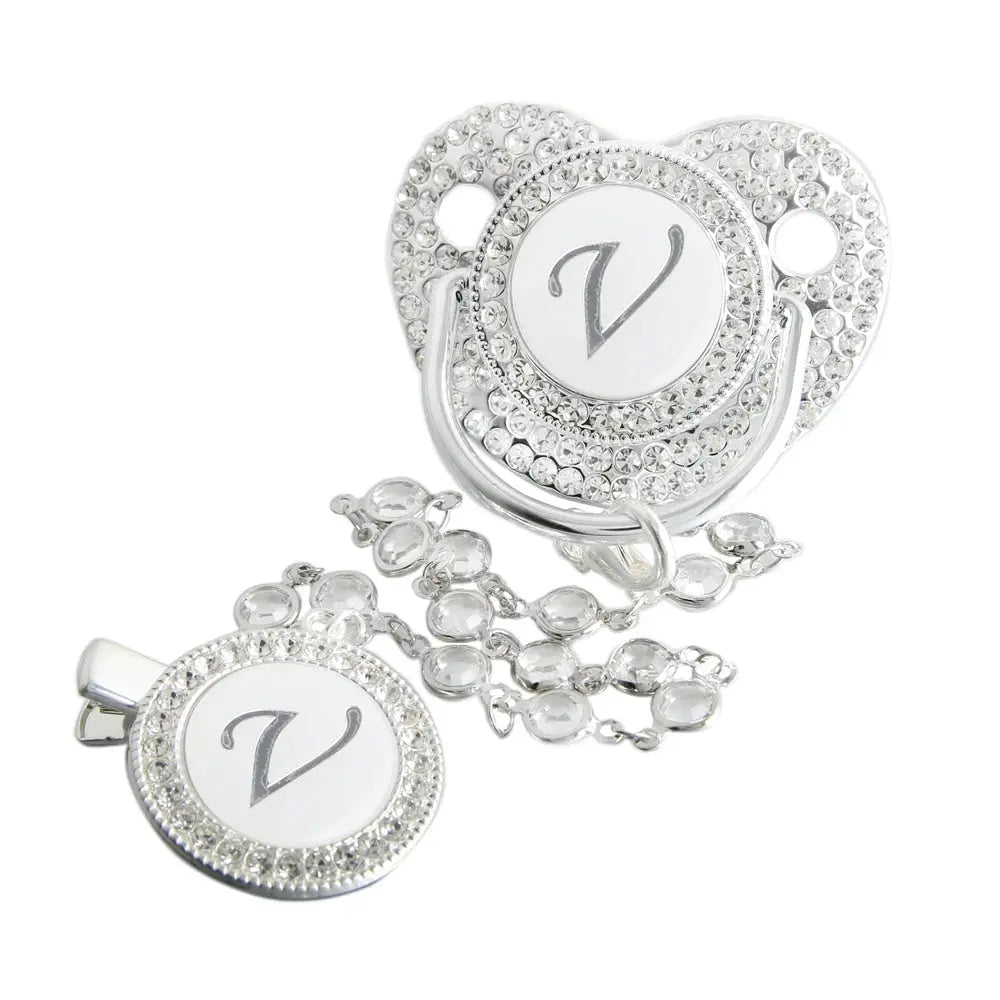 Initial Letter Siliver Baby Pacifier With Colorful Gem BPA Free Luxury Silver Dummy Soother Chupeta Weaning Pacifier Nova Trendz