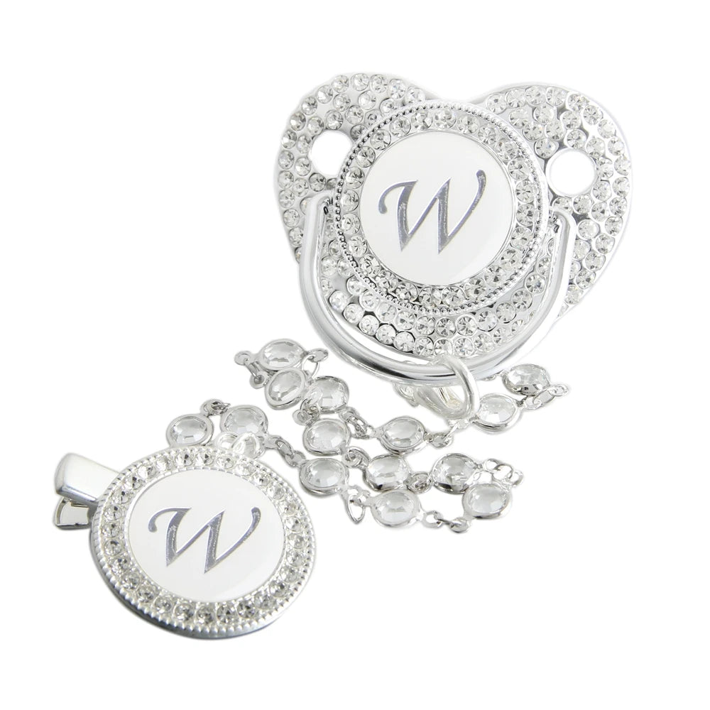 Initial Letter Siliver Baby Pacifier With Colorful Gem BPA Free Luxury Silver Dummy Soother Chupeta Weaning Pacifier