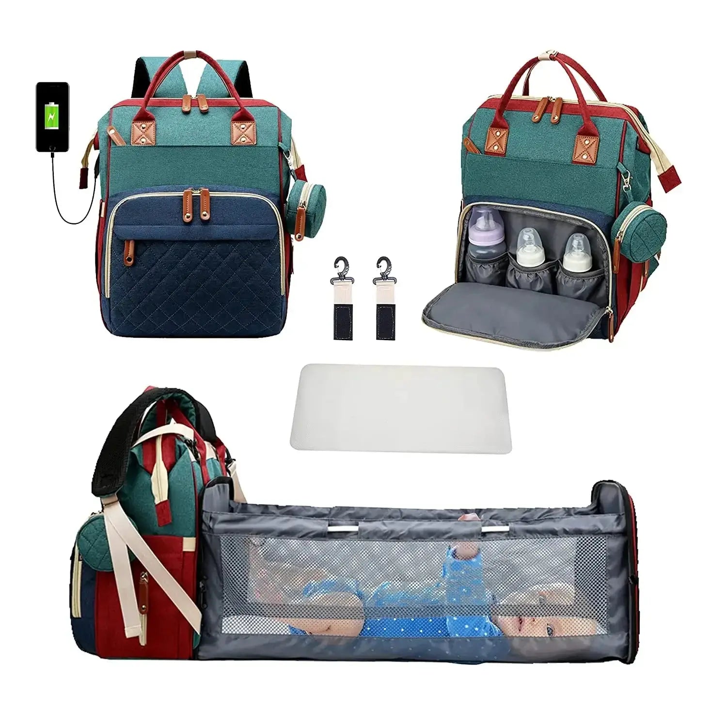 3 In 1 Diaper Bag Backpack Foldable Baby Bed Waterproof Travel Bag with USB Charge Diaper Bag Backpack with Changing Bed 3 types Nova Trendz