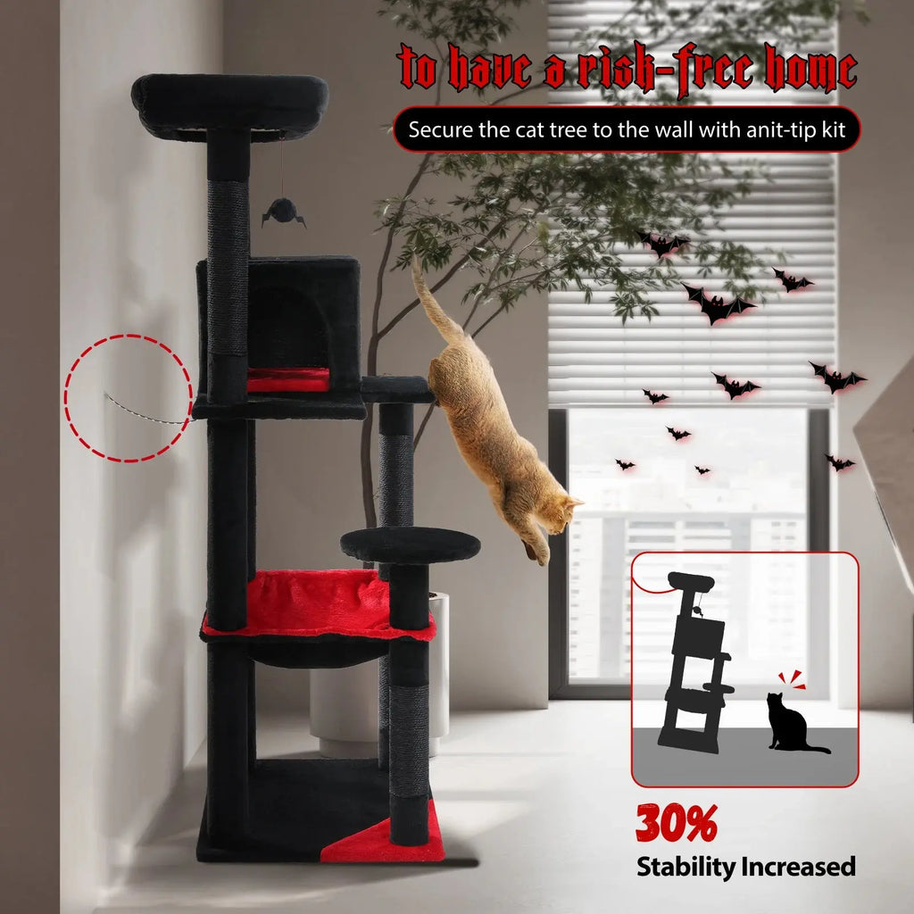 Gothic Cat Tree for Indoor Cats, Tall Cat Tower with Super Large Hammock, Sisal Covered Scratching Post Cozy Condo Top Perch - Nova Trendz