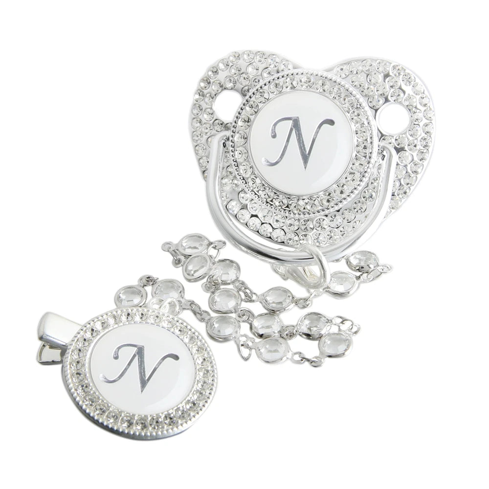 Initial Letter Siliver Baby Pacifier With Colorful Gem BPA Free Luxury Silver Dummy Soother Chupeta Weaning Pacifier