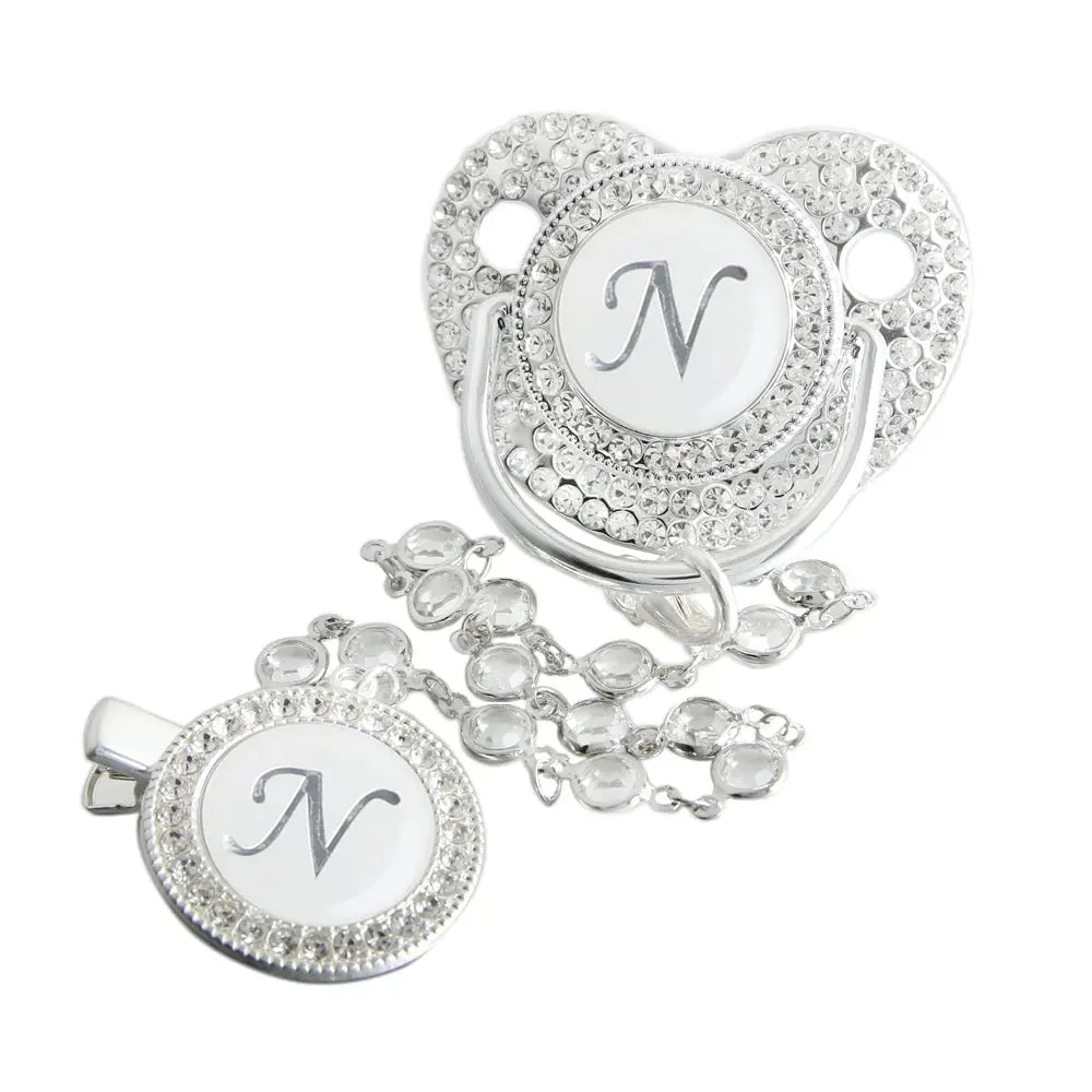 Initial Letter Siliver Baby Pacifier With Colorful Gem BPA Free Luxury Silver Dummy Soother Chupeta Weaning Pacifier Nova Trendz