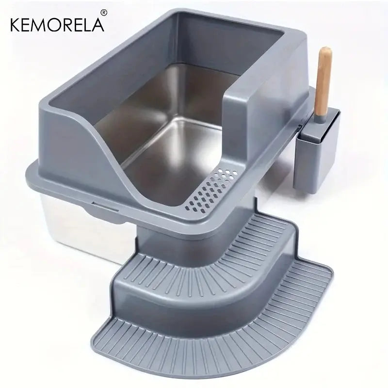Extra Large 20L Stainless Steel Cat Litter Box With Stair Foot Pad Splash-Proof Easy To Clean Odorless Toilet Cat Litter Box Nova Trendz