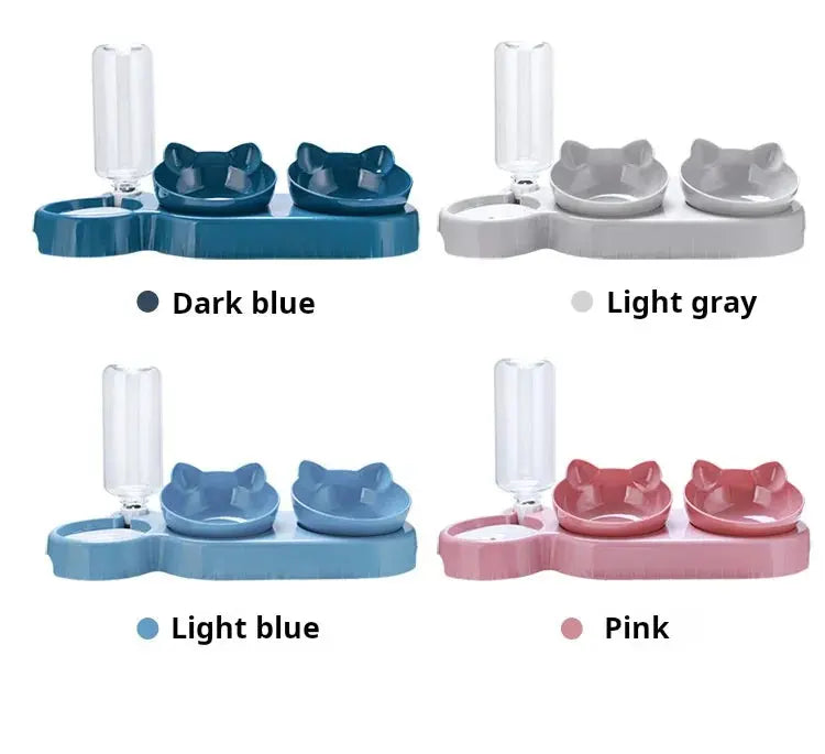 Pet Bowls With Water Feeder, 3 In 1 Ear Design Tilted Cat Water And Food Bowl Set With Gravity Water Bottle For Neck Protection - Nova Trendz