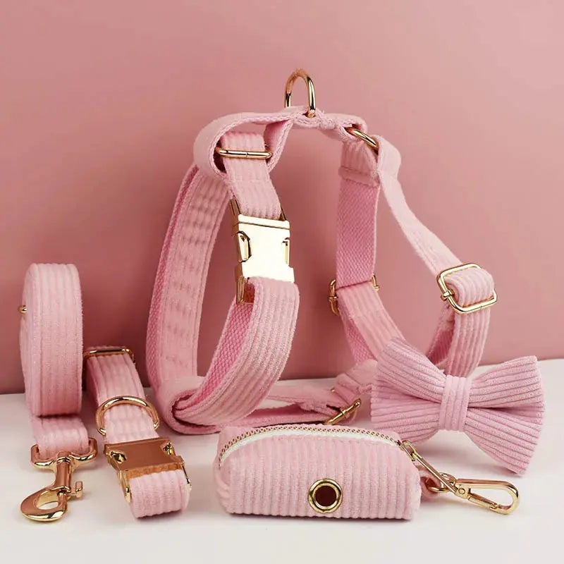 Pink Corduroy Dog Collar And Leash Set For Dogs Custom Engraved Nameplate Pet Supplies Dog Leash Corduroy07 - Nova Trendz