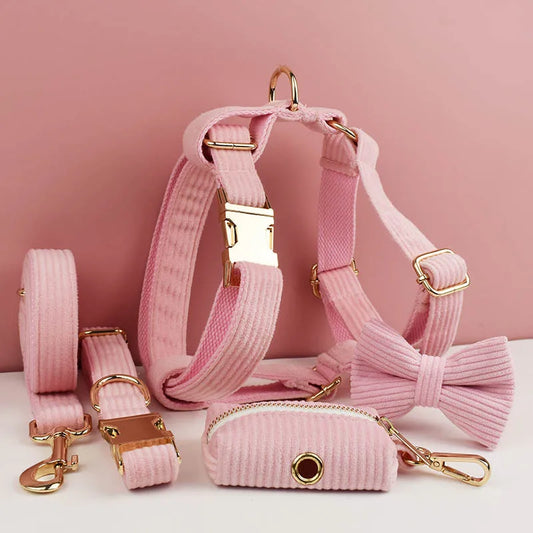 Pink Corduroy Dog Collar And Leash Set For Dogs Custom Engraved Nameplate Pet Supplies Dog Leash Corduroy07