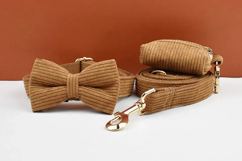 Caramel Corduroy Dog Collar And Leash Set For Dogs Custom Engraved Nameplate Pet Supplies Dog Leash Corduroy01 - Nova Trendz