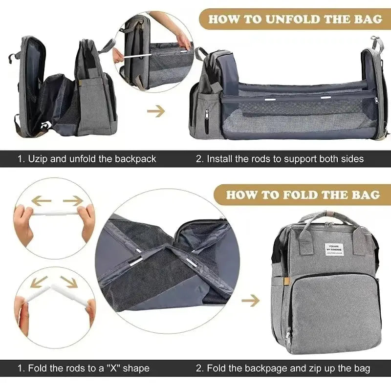 Foldable bed diaper bag with changing station insulated pocket and large capacity Multifunctional Double shoulder mommy bag Nova Trendz