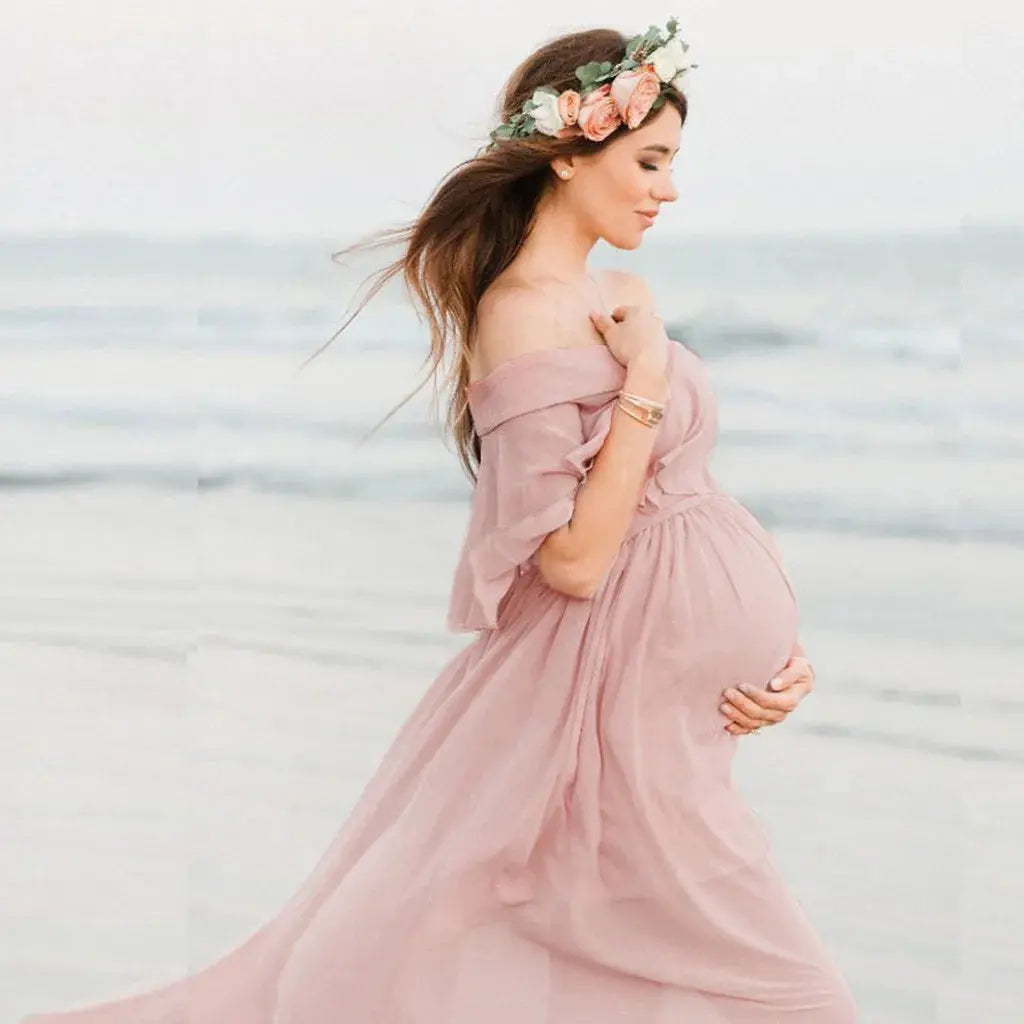 Maternity Dress Women Solid Color Short Sleeve Ruffles Props Dress Pregnants Photography Maternities Party Temperament Outfits Nova Trendz