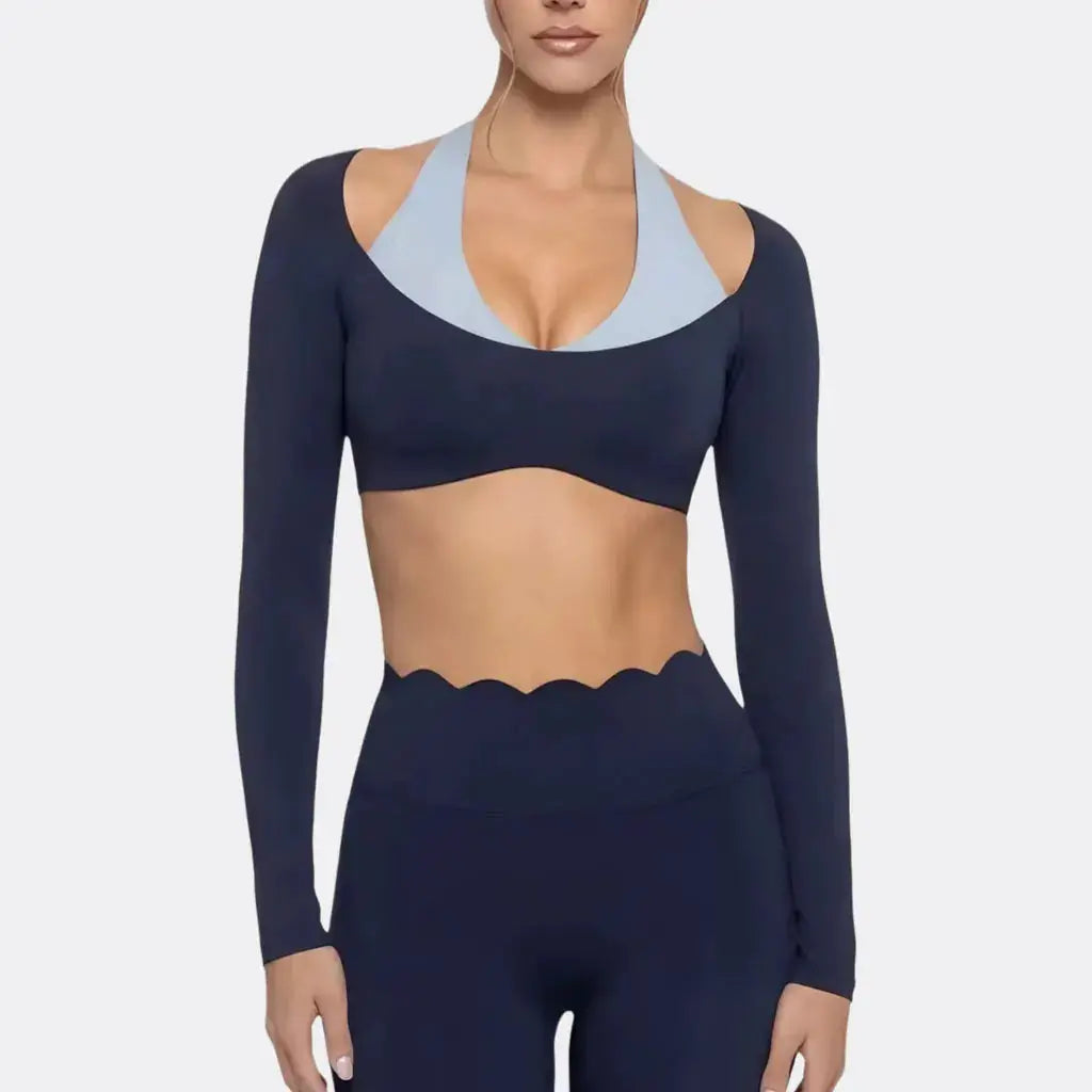 Women's Fake Two-Piece Sports Long Sleeve Halter Neck Pilates Yoga Shirt Slim Fit Fitness Sports Top Leggings Workout Tights - Nova Trendz