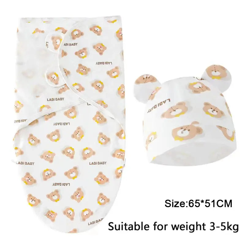 Baby Blanket Hat Set Cartoon Printed Cotton Newborn Swaddle Adjustable Infant Sleeping Swaddle Wraps All Seasons 0-6 Months - Nova Trendz