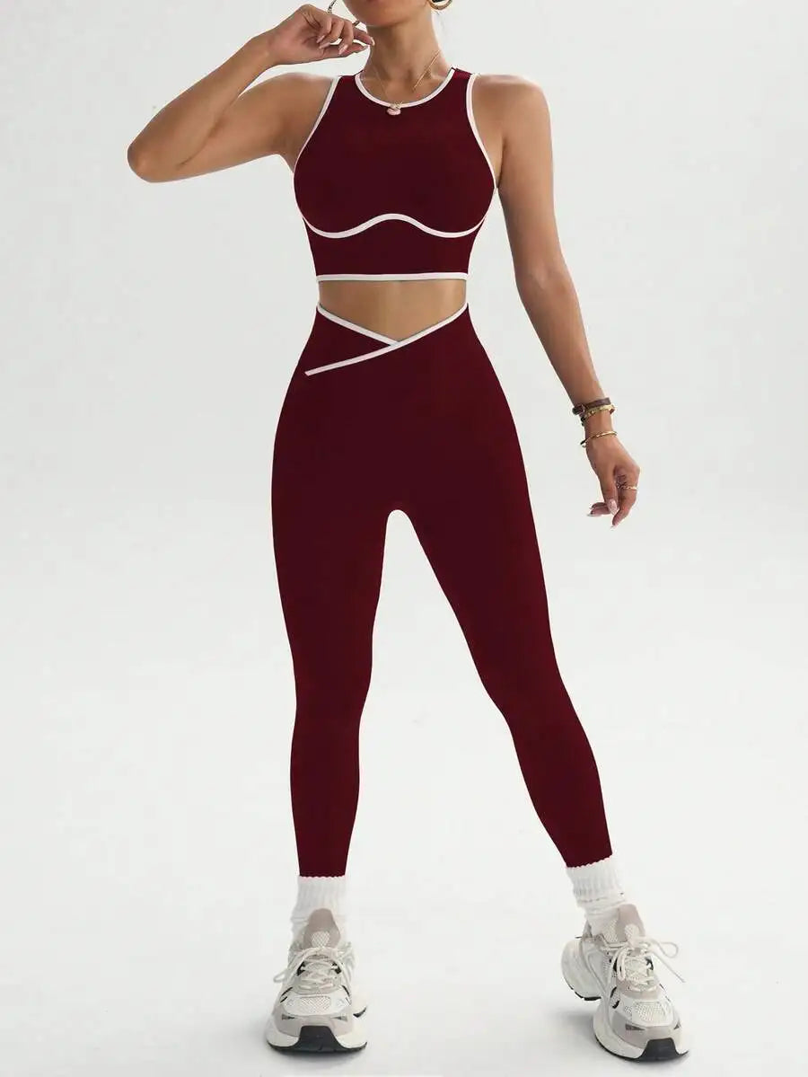 Contrast Trim Hollow Back Camisole And Leggings 2 Piece Sports Suit Breathable Slim Fitness Yoga Workout Tracksuit For Women Nova Trendz