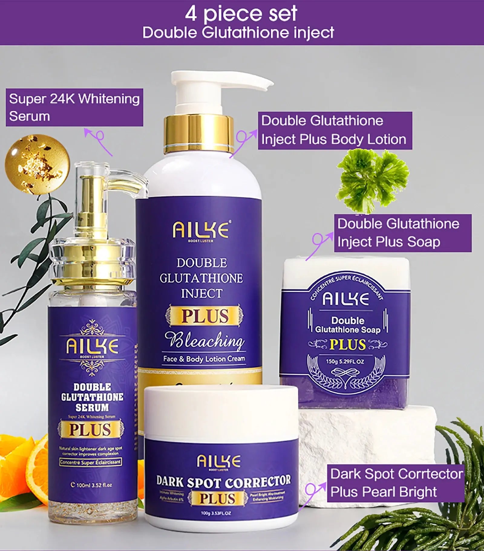 AILKE Glutathione PLUS Skin Care Set, Advanced Lightening Lotion, Moisturizes Softens Skin, Skin Bleaching Kit for Men, Women Nova Trendz