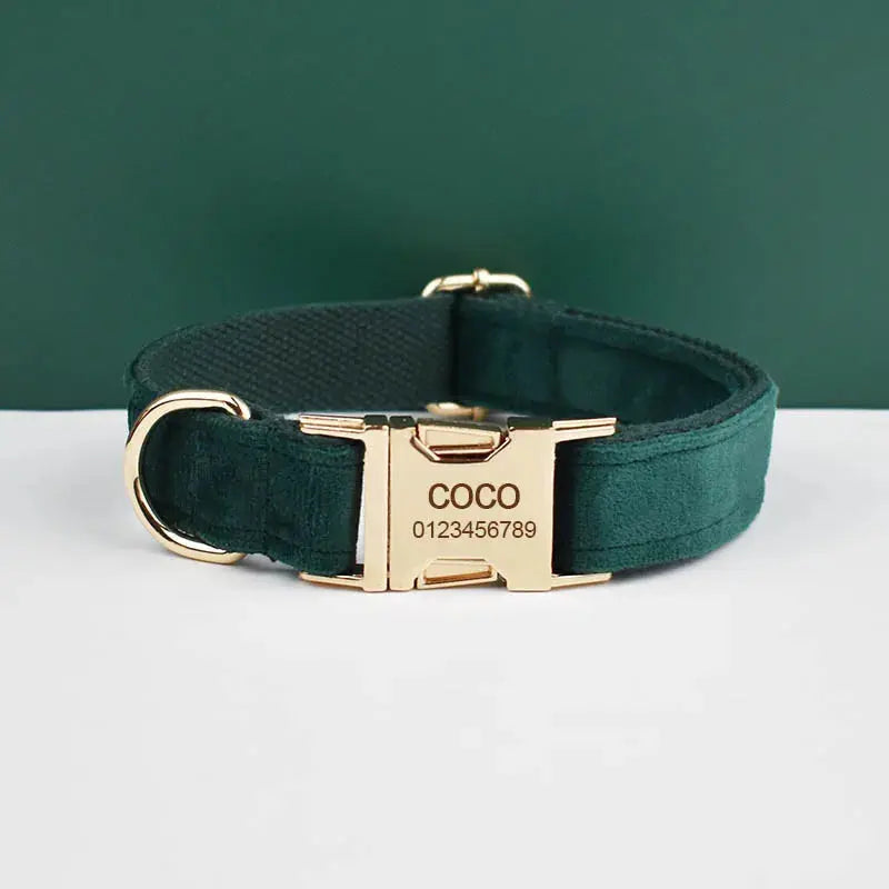 Green Velvet Dog Collar And Leash Set For Dogs Custom Engraved Nameplate Pet Supplies Dog Leash velvet43 - Nova Trendz