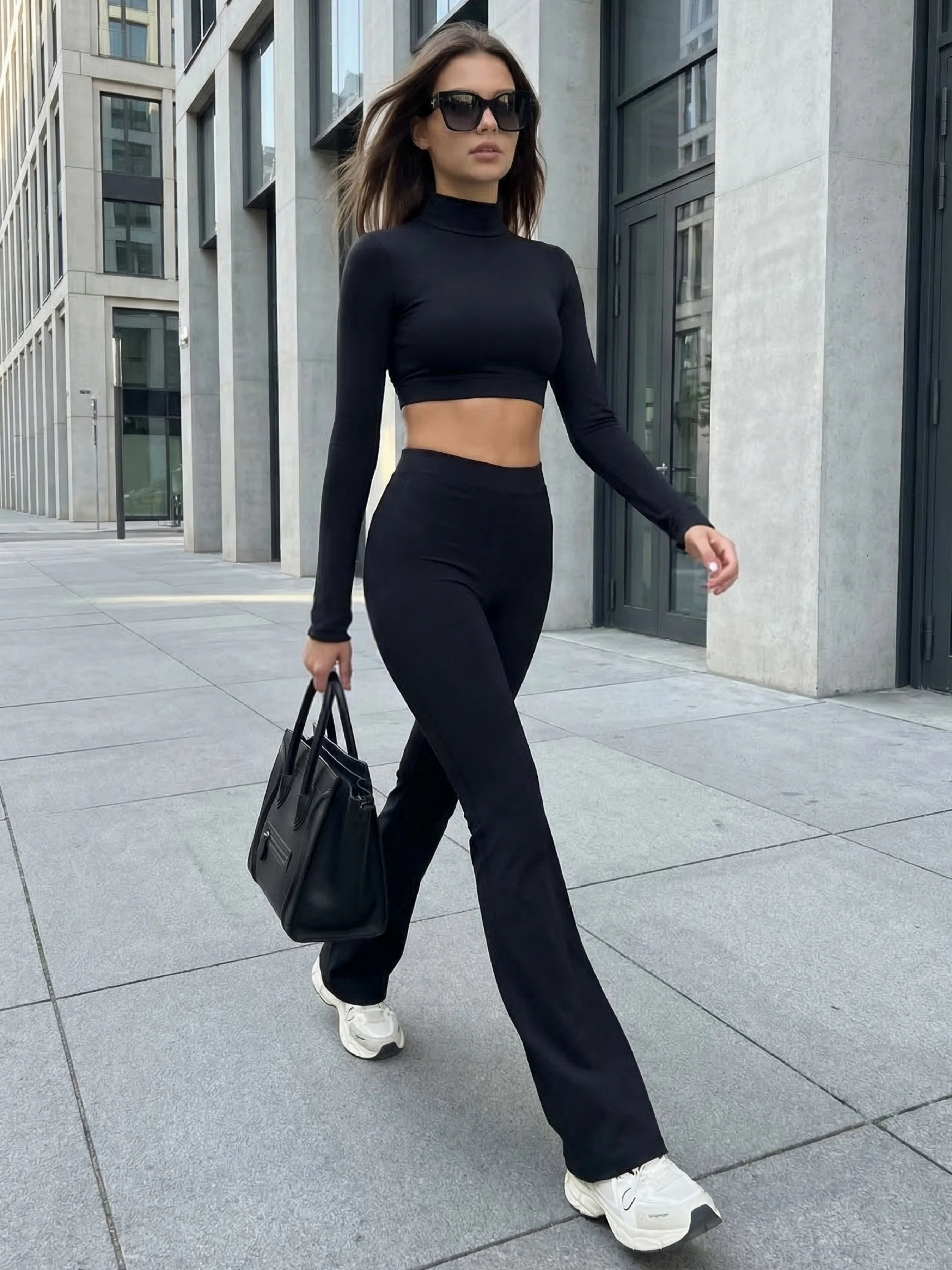 Women's Turtleneck Long Sleeve Yoga Set Back Cutout Flare Pants with Removable Pads Tummy Control Butt Lifting Gym Outfit Nova Trendz