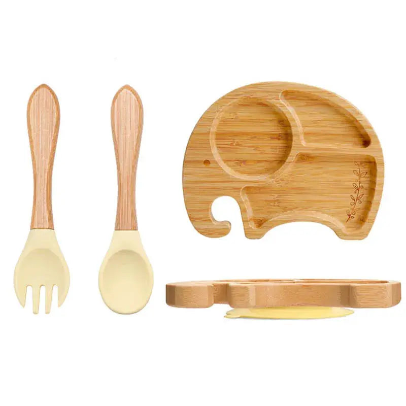 3Pcs Baby Bamboo Plate Silicone Suction Kids Wooden Feeding Tableware Non-slip Dinnerware Baby Tableware for Baby Birthday Gift Nova Trendz