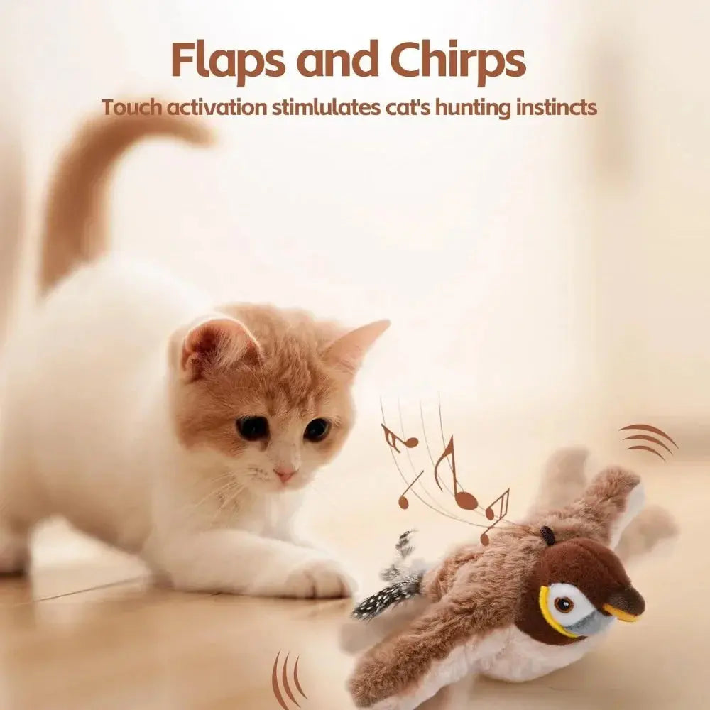 Interactive Cat Toys Rechargeable Electric Flapping Wings Bird Cat Toy Sound Chirping Bird Catnip Touch Activated Plush Toy Nova Trendz