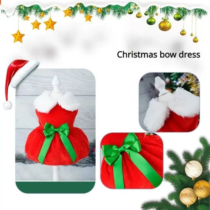 Pet Christmas Clothing Dog Cat Red Dress Warm Bow Frock Golden Velvet Fabric Santa Claus Clothes Dogs Cats Garment Pets Supplies - Nova Trendz