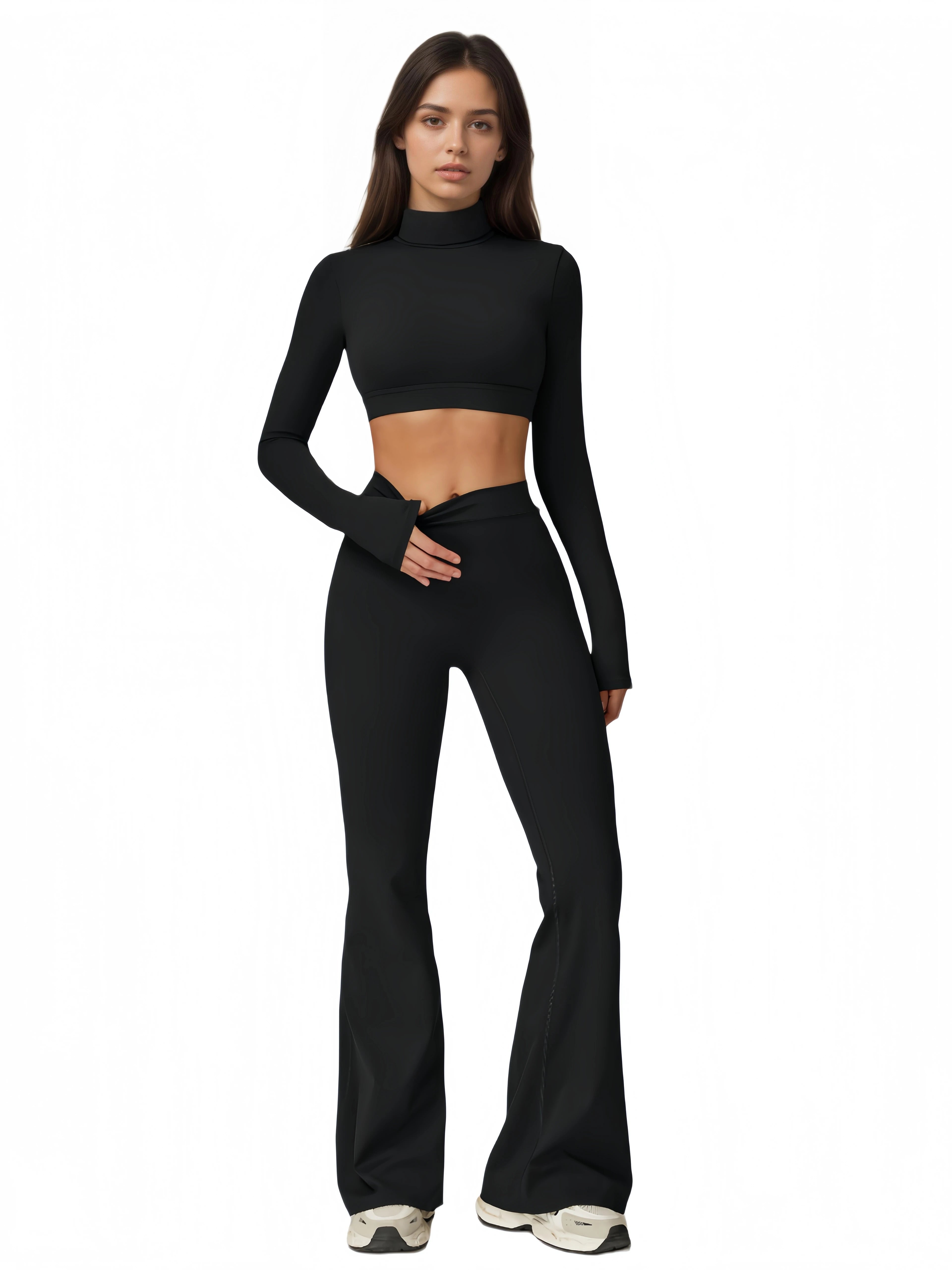 Women's Turtleneck Long Sleeve Yoga Set Back Cutout Flare Pants with Removable Pads Tummy Control Butt Lifting Gym Outfit Nova Trendz