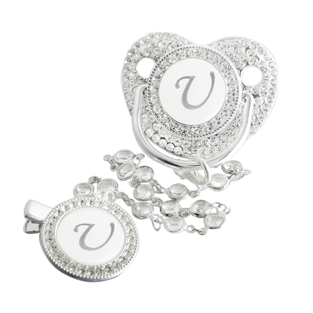 Initial Letter Siliver Baby Pacifier With Colorful Gem BPA Free Luxury Silver Dummy Soother Chupeta Weaning Pacifier