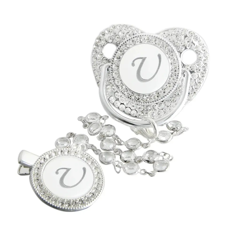 Initial Letter Siliver Baby Pacifier With Colorful Gem BPA Free Luxury Silver Dummy Soother Chupeta Weaning Pacifier Nova Trendz