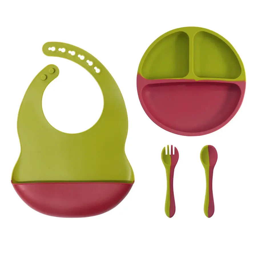 4PCS Baby Silicone Tableware Sets Contrasting Colors Dining Sets Suction Plate Waterproof Bib Portable Baby Spoon Fork Nova Trendz