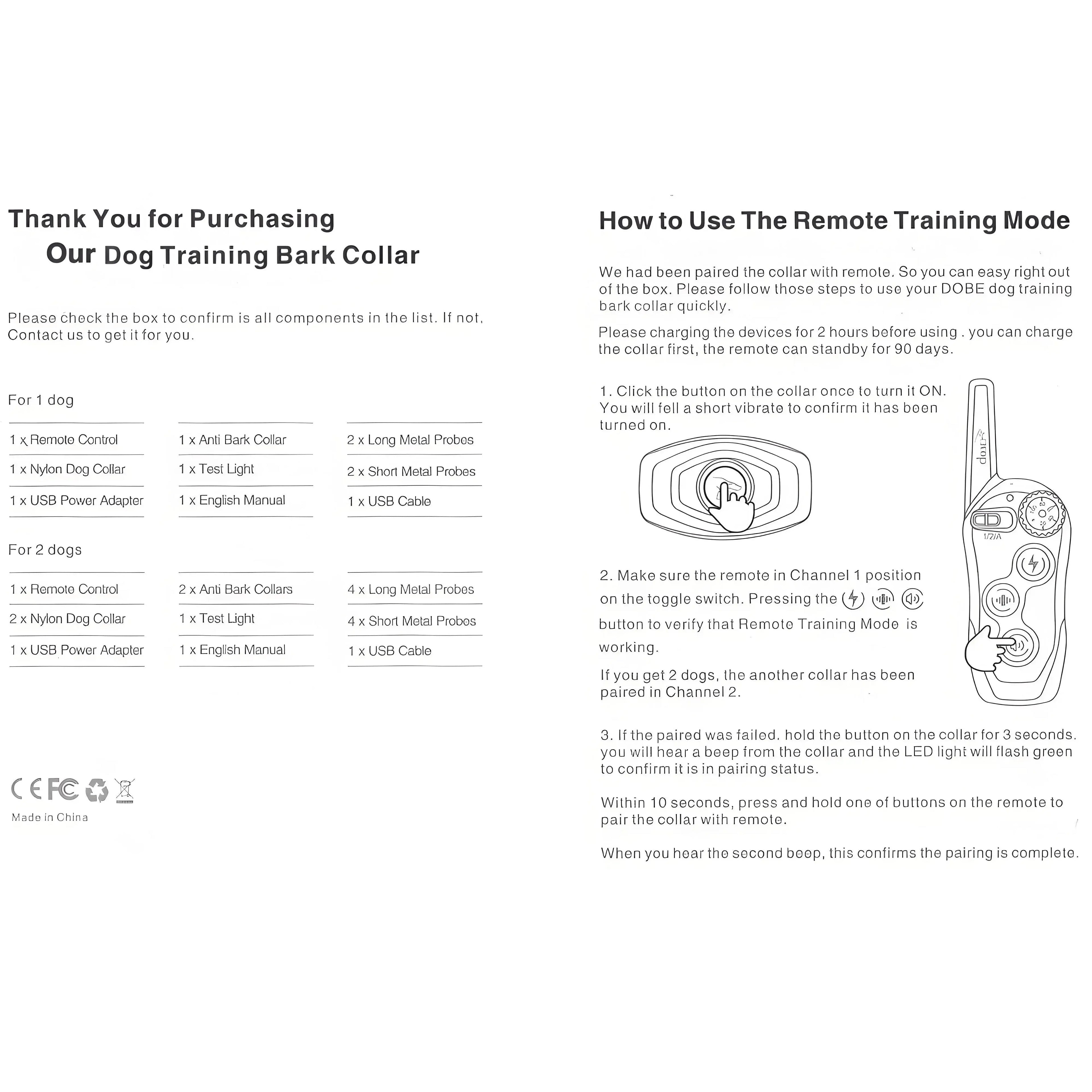 Dog Training Collar/Auto-barking Stopper 2 in 1 Function 500m Remote Control Range Waterproof Pet Electric Collar For Most Dogs - Nova Trendz