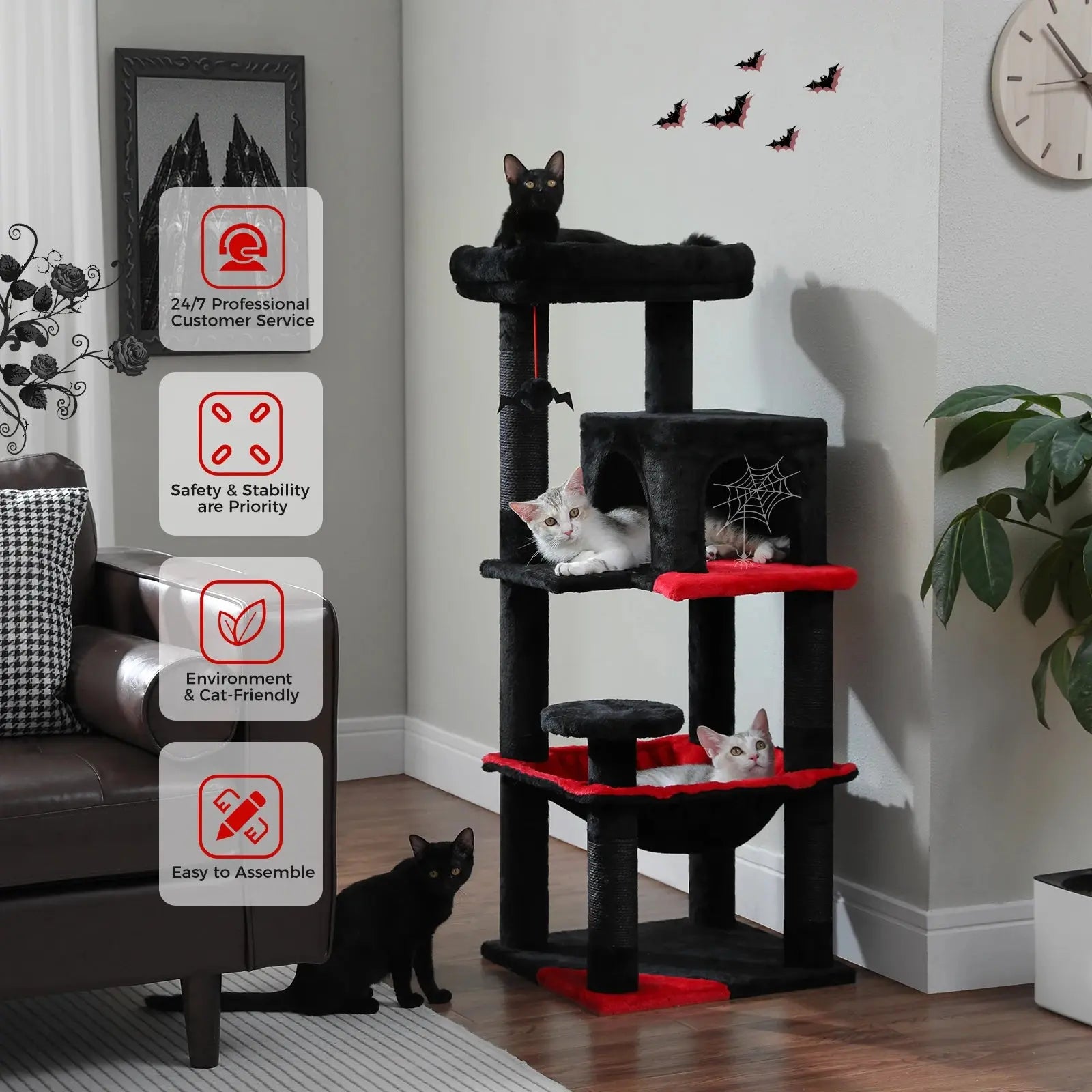 Gothic Cat Tree for Indoor Cats, Tall Cat Tower with Super Large Hammock, Sisal Covered Scratching Post Cozy Condo Top Perch - Nova Trendz