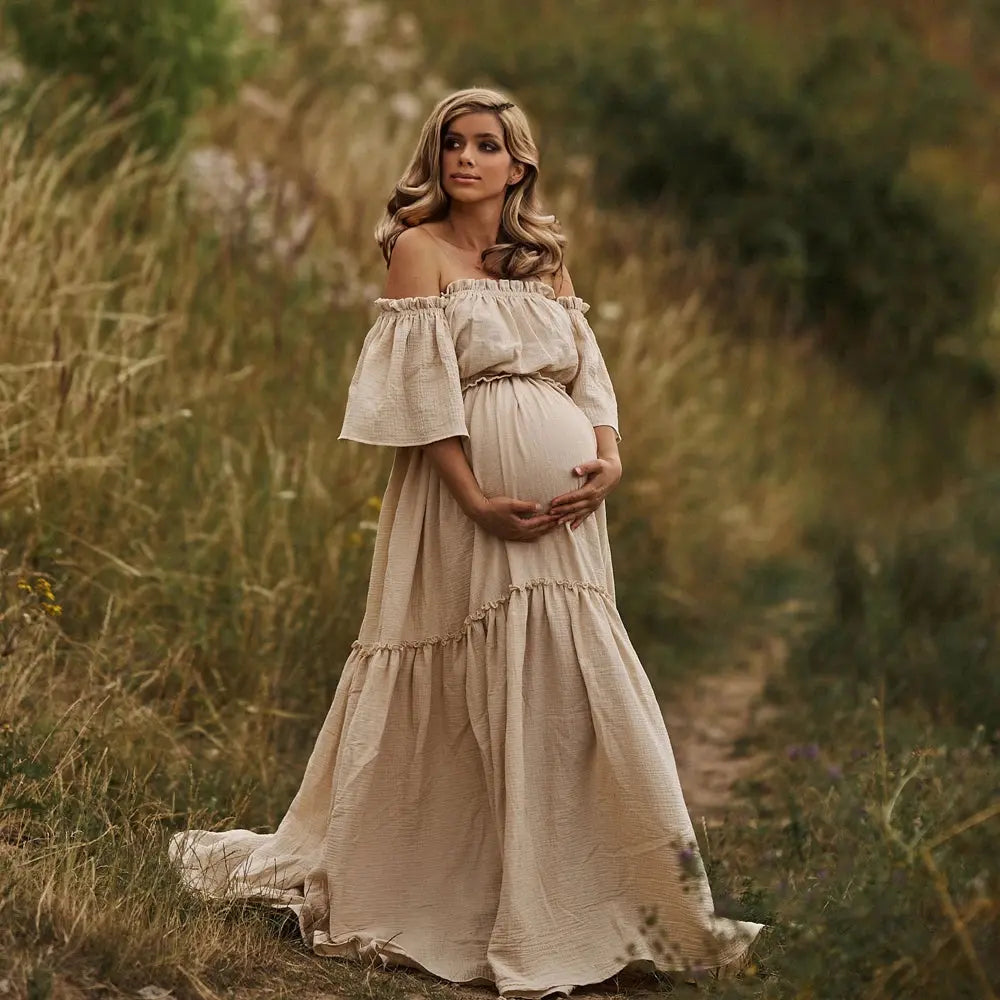 Women Boho Dress Comfortable Linen Cotton Maternity Clothing Vintage  Short Sleeve Dress For Pregnancy Photo Shoot Nova Trendz