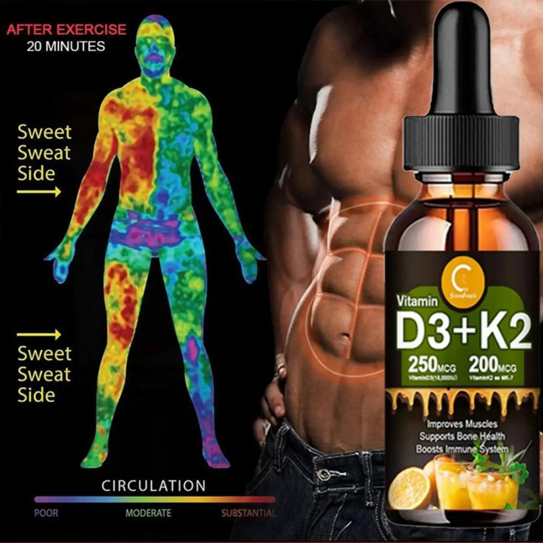 Vitamin C D3+K2 improve abdominal blood circulation, improves Muscles supports bone health boosts immune system Nova Trendz