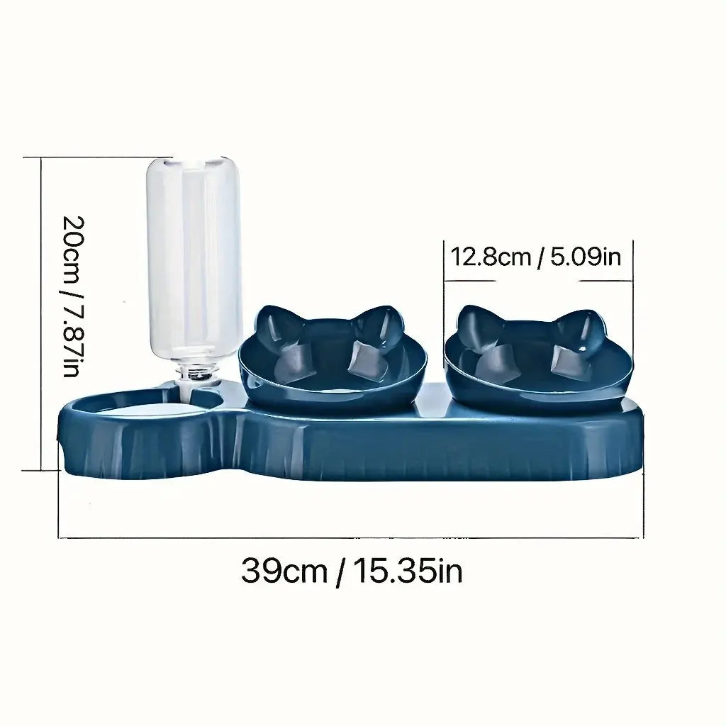 Pet Bowls With Water Feeder, 3 In 1 Ear Design Tilted Cat Water And Food Bowl Set With Gravity Water Bottle For Neck Protection - Nova Trendz