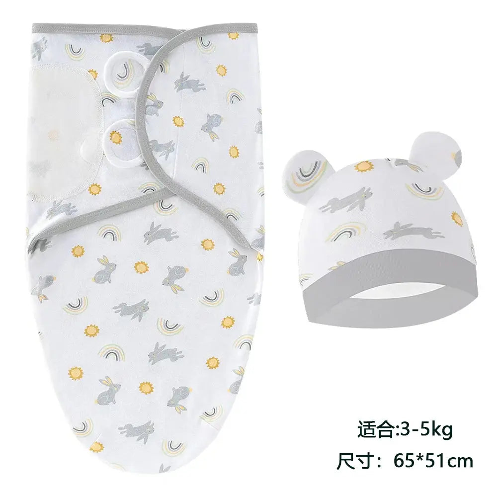 Baby Blanket Hat Set Cartoon Printed Cotton Newborn Swaddle Adjustable Infant Sleeping Swaddle Wraps All Seasons 0-6 Months - Nova Trendz