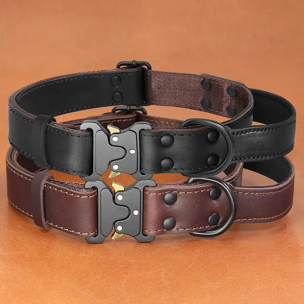 Real Leather Dog Collar With Handle Tactical Military Dog Leather Collar For Medium Large Dogs German Shepherd Training Hunting - Nova Trendz