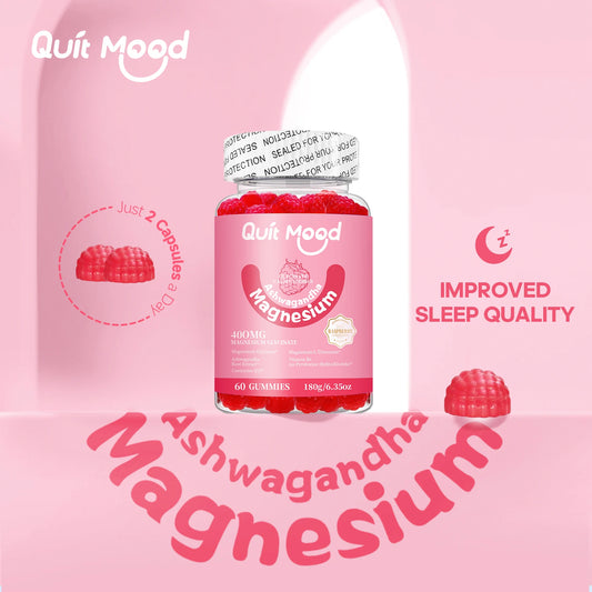 Quit mood Magnesium Glycinate 600mg Gummies - Ashwagandha & Calcium with B6 Stress & Bone Support