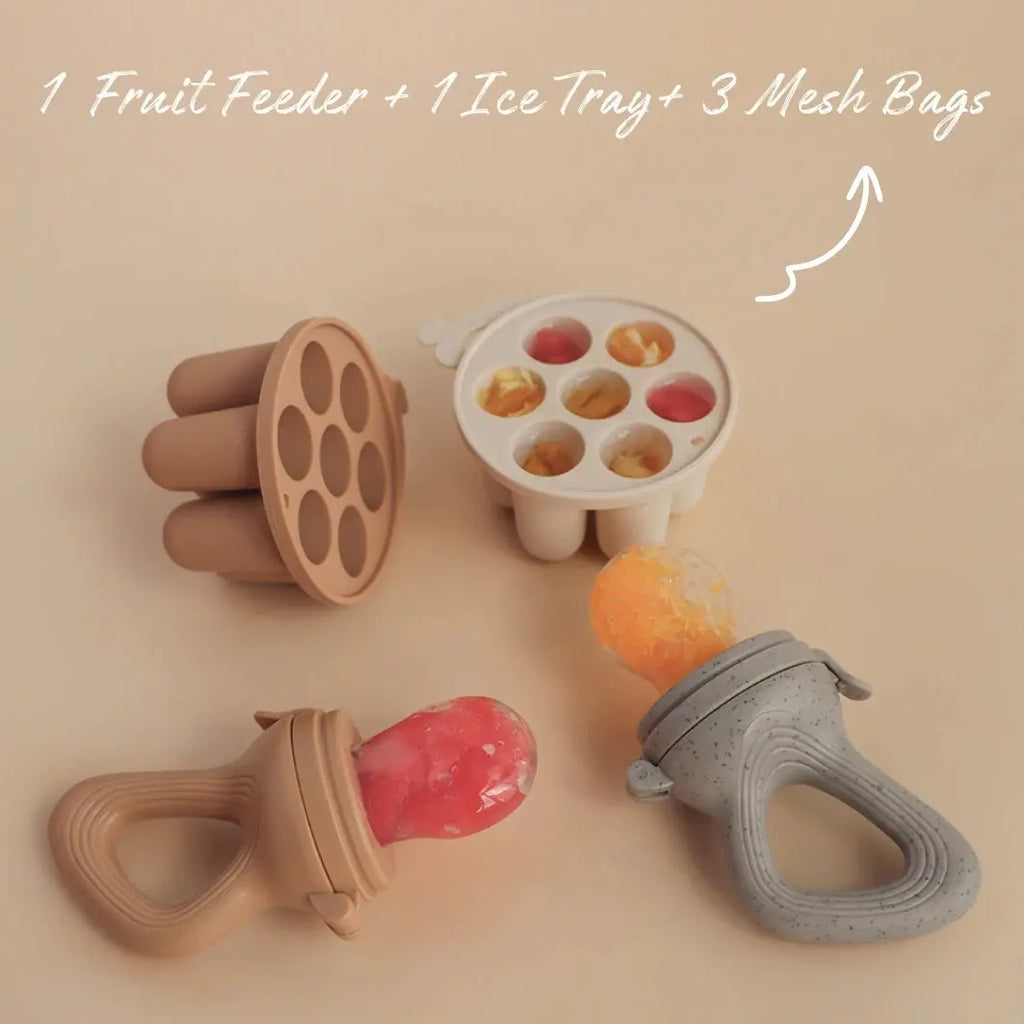 Baby Fruit Feeder Teether Pacifier with Baby Food Freezer Tray Set Silicone Freezable Teether for Fruit Purees Self Feeding Nova Trendz
